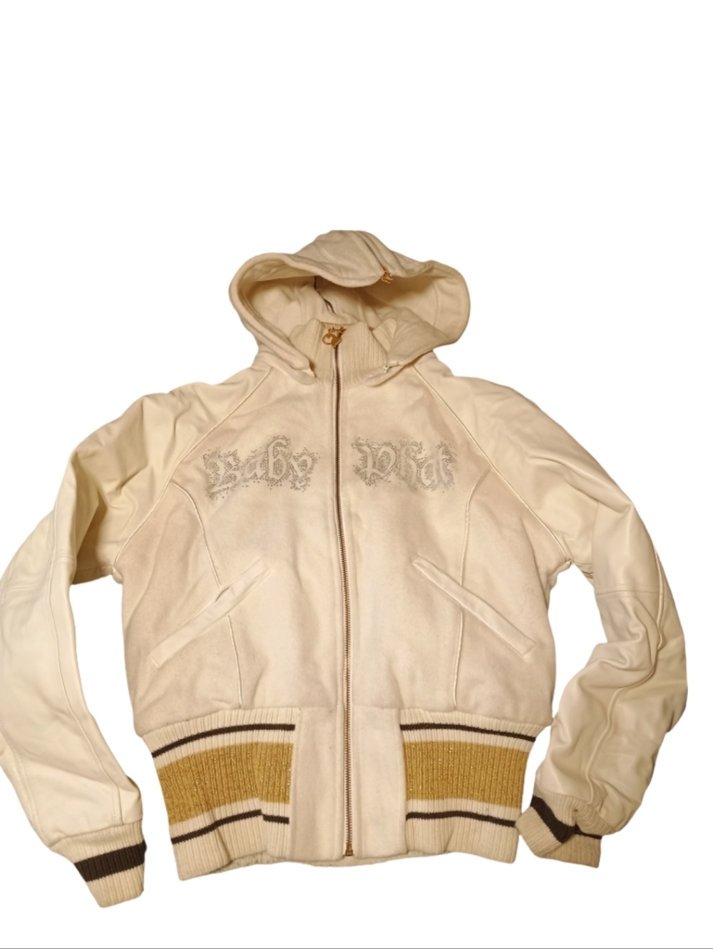 RARE Vintage Baby Phat Y2K Genuine Leather sleeve Cream Jacket Rhinestone Logo
